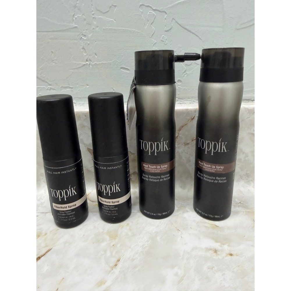 Toppik Root Touch Up Spray Med Brown & FiberHold Spray 4 Piece Hair Care Set